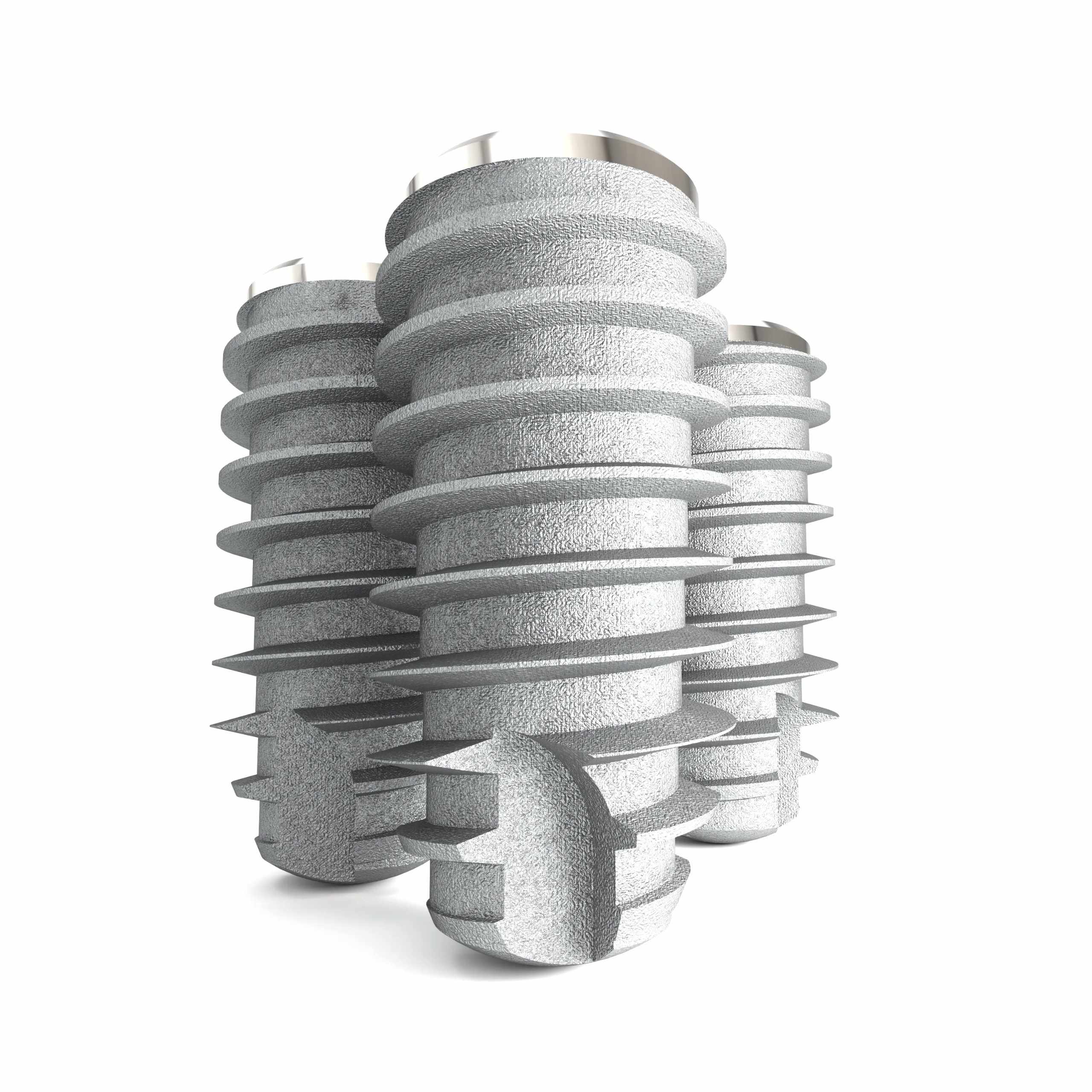 3D render van een drietal dentale implantaten