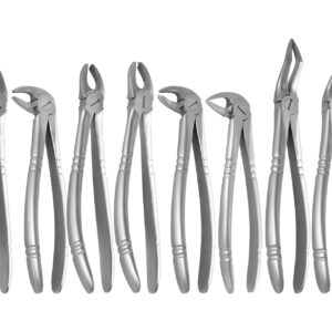 Verzameling van verschillende soorten tandheelkundige extractietangen van roestvrij staal voor dentale chirurgie
