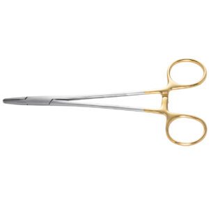 Chirurgische schaar met goudkleurige ringgrepen voor dentale procedures