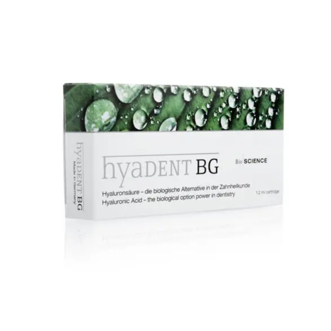 Hyadent BG hyaluronzuurgel voor weefselregeneratie in de tandheelkunde, productverpakking